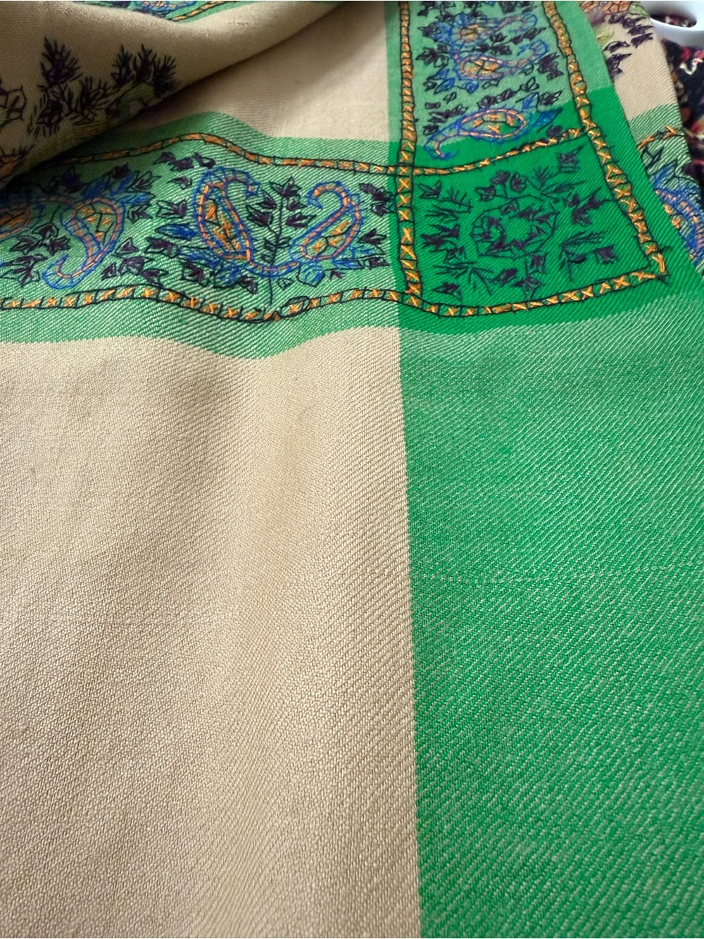 Highly unusual bi-color Shawl, green woven Border Scarf intricate embroidery